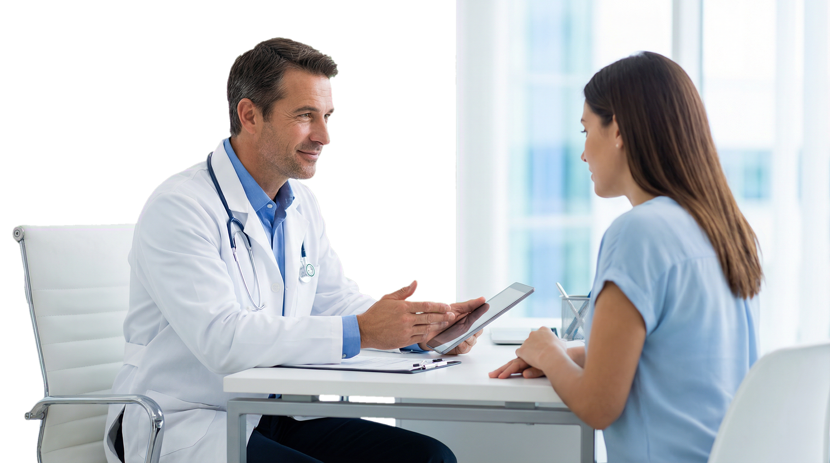 Dr. Michael Law consulting with a patient about breast reduction in Raleigh NC